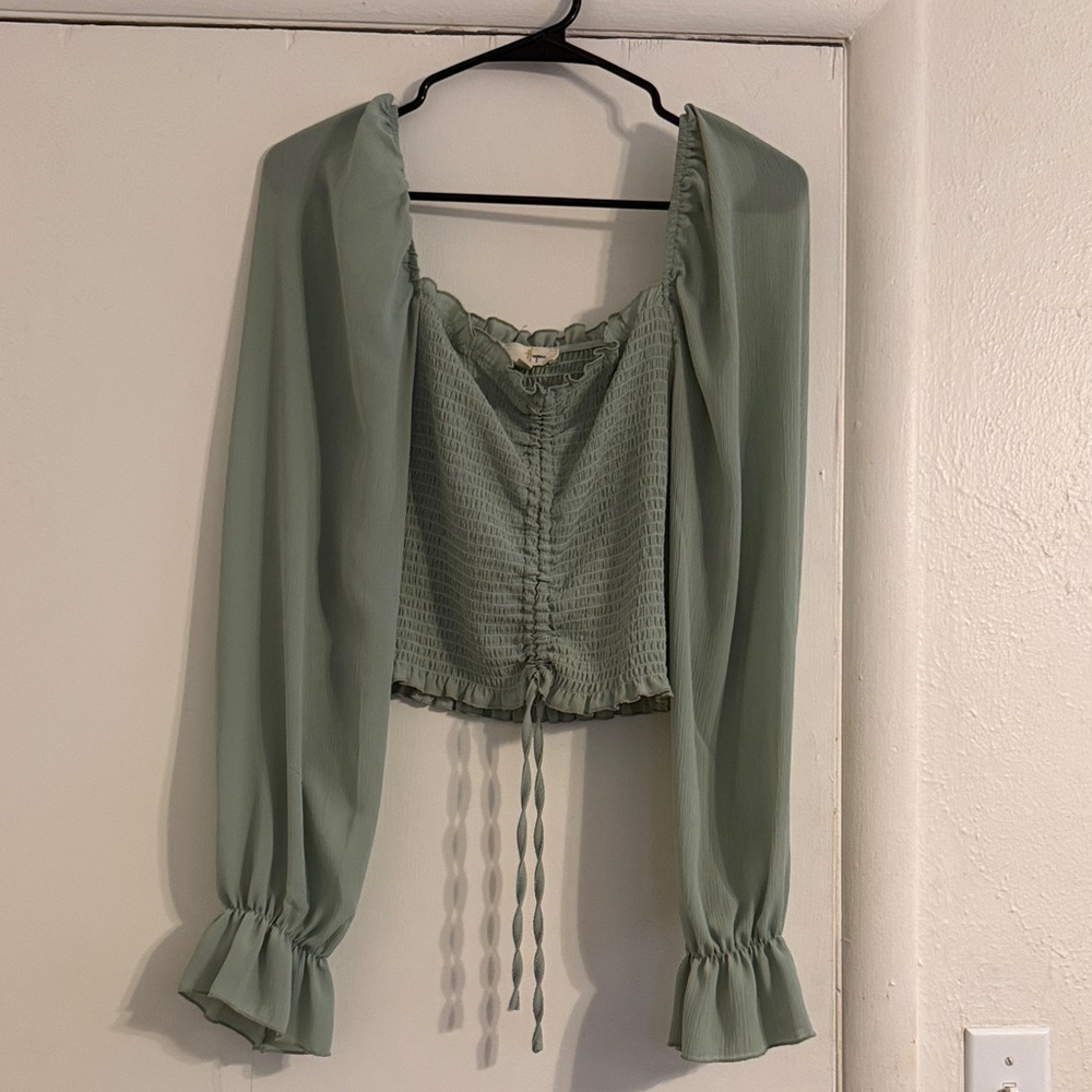 Source Unknown Sage Green Blouse with Ruffle Sleeves